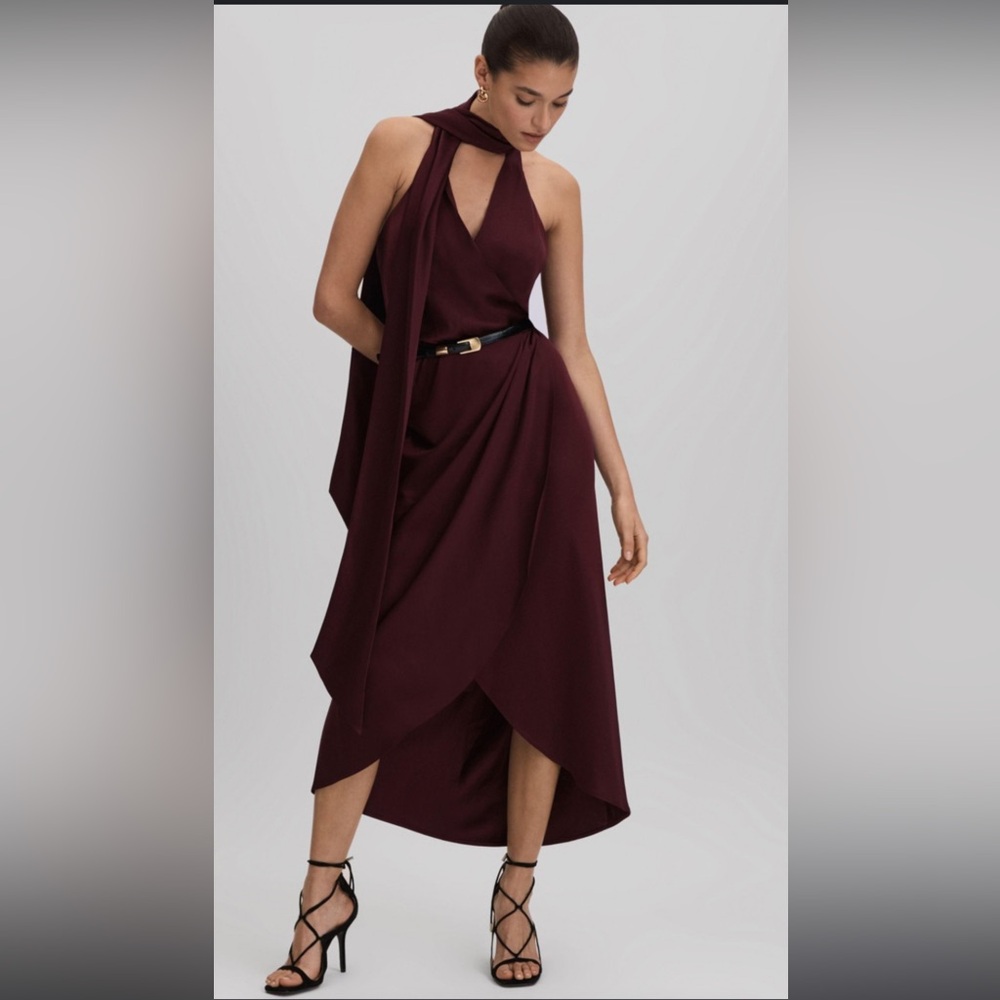 Reiss Tayla Front Wrap Satin Wrap Dress Burgundy SZ 6 NEW - Picture 1 of 8